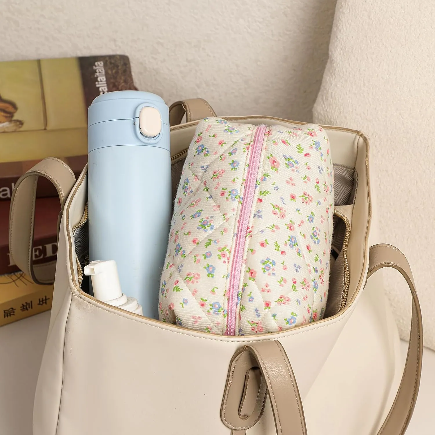 Cute Small Floral Cotton Makeup Bag, Quilted Zipper Pouch with Coquette Bear for Women and Girls, Kawaii Travel Cosmetic Bags for Purse(07Yellow and Pink Flower)