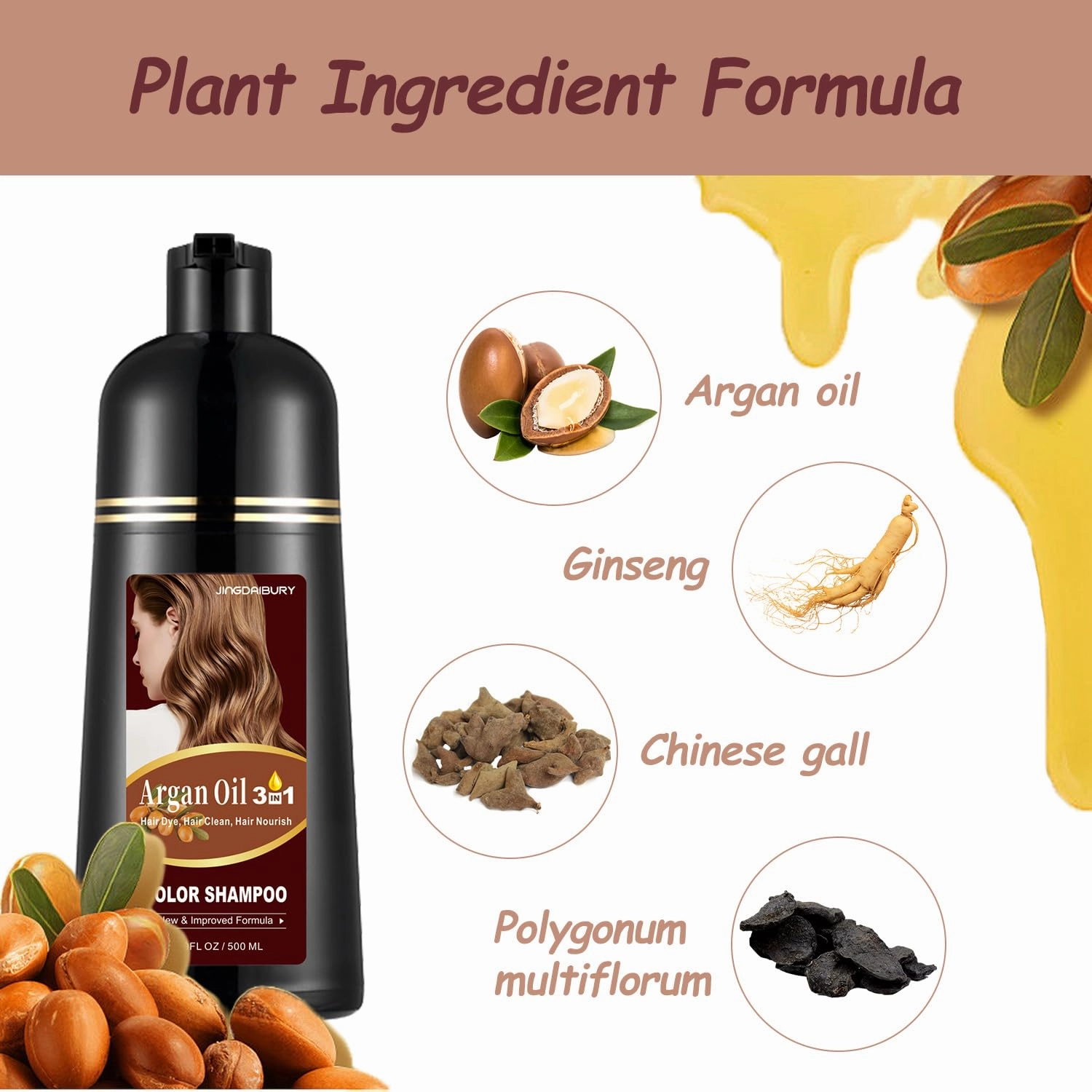 Dark Brown Hair Dye 16.9 Fl Oz, Argan Oil Hair Shampoo, 3 in 1 Dye Shampoo, Easy To Use, Semi-Permanent Hair Color Shampoo (Dark Brown)