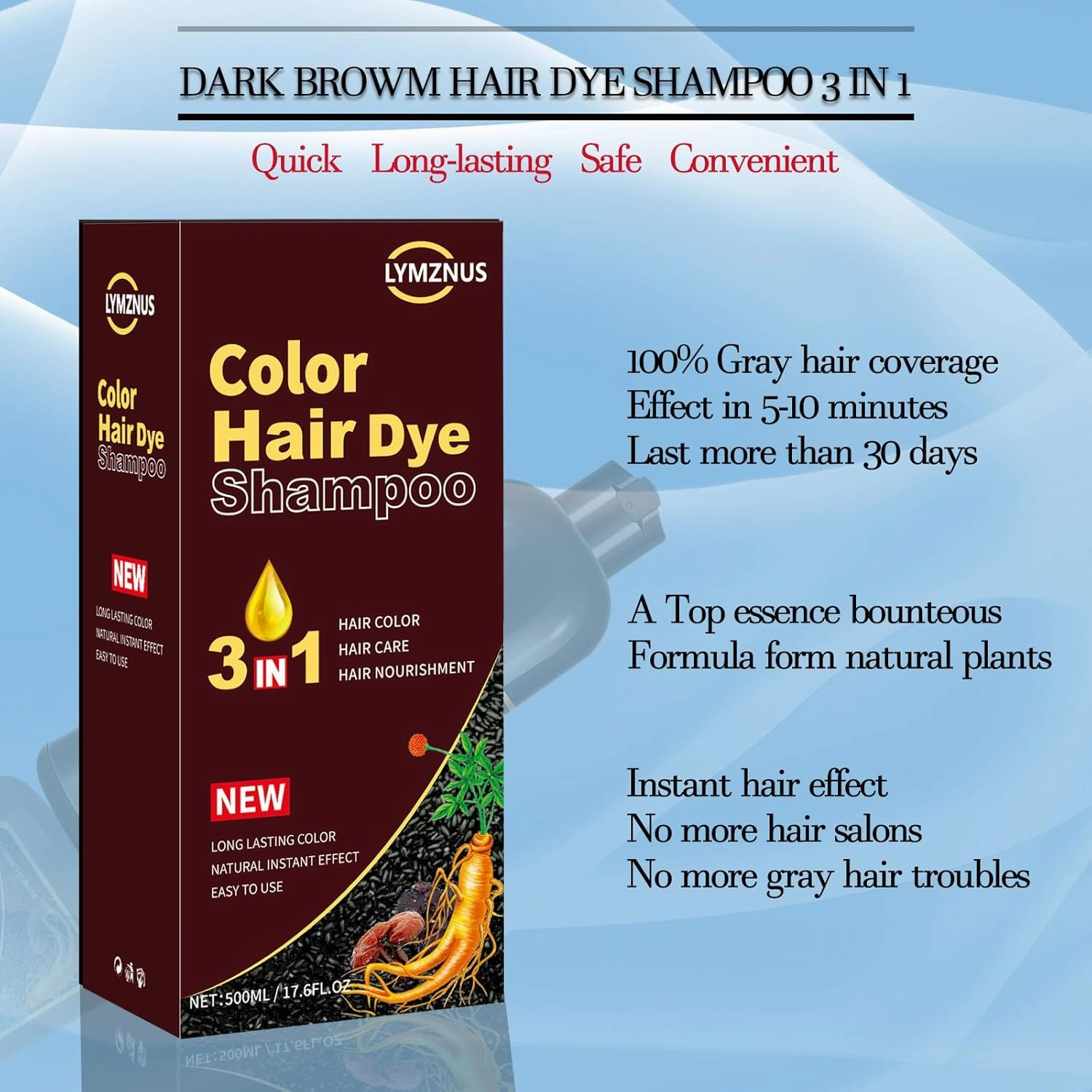 Dark Wine Red Hair Dye Shampoo 3 in 1 for Gray Coverage, Long-Lasting Hair Color Shampoo for Women & Men, Champu Para Canas Mujer Easy to Use At Home 500ML