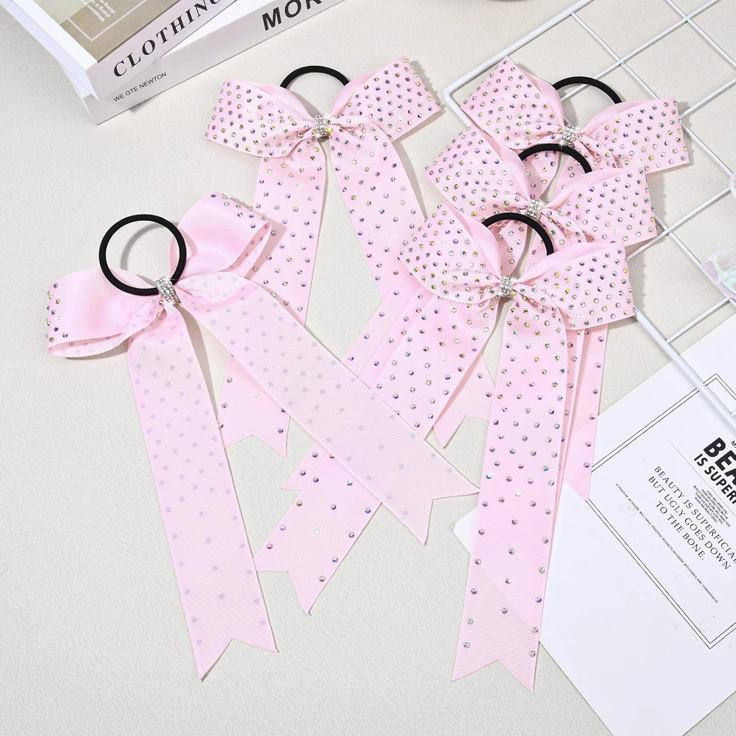 DEEKA 12 PCS Glitter Collegiate Style Cheer Bows Long Tail Skinny Shiny Cheer Bow Ponytail Holder Handmade Bows for Girls Teens Cheerleader Sports -Light Pink