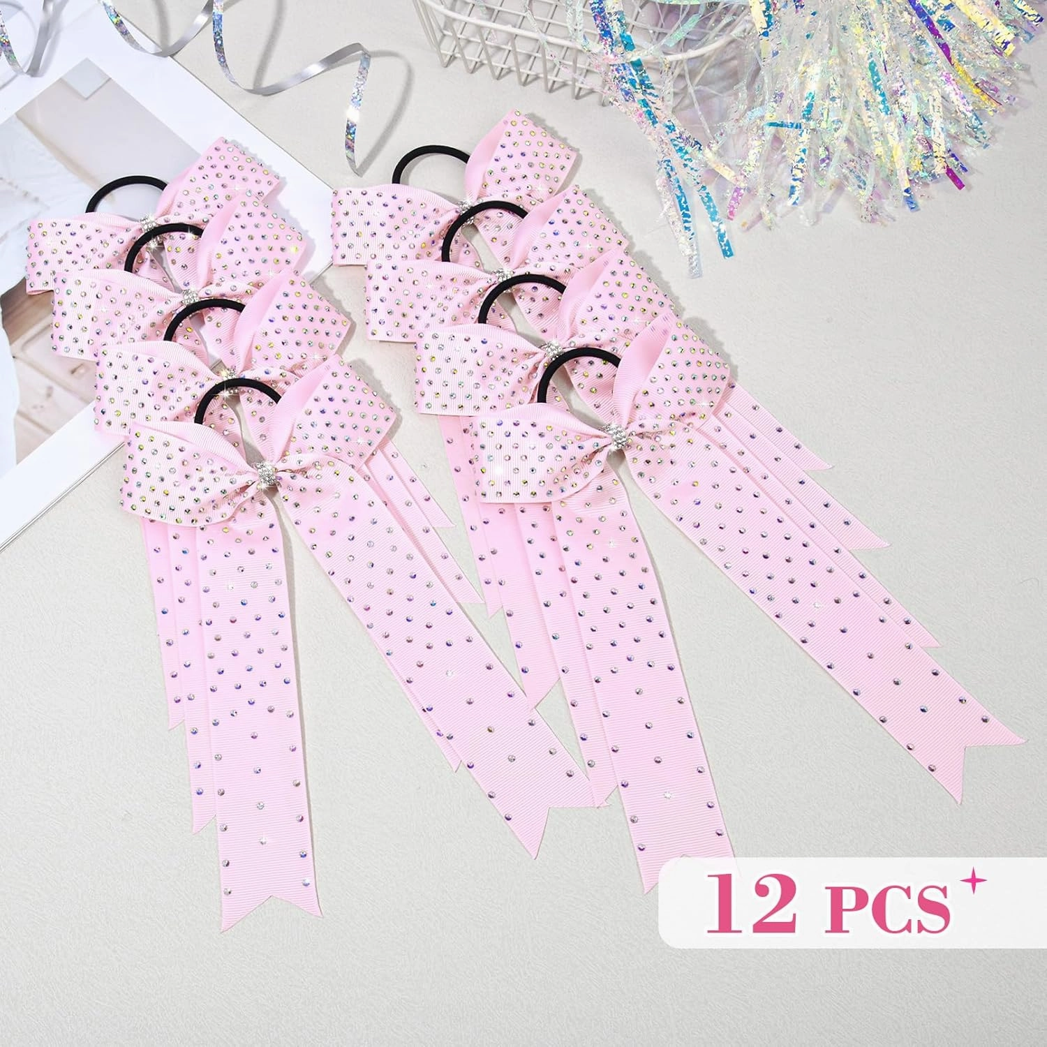 DEEKA 12 PCS Glitter Collegiate Style Cheer Bows Long Tail Skinny Shiny Cheer Bow Ponytail Holder Handmade Bows for Girls Teens Cheerleader Sports -Light Pink