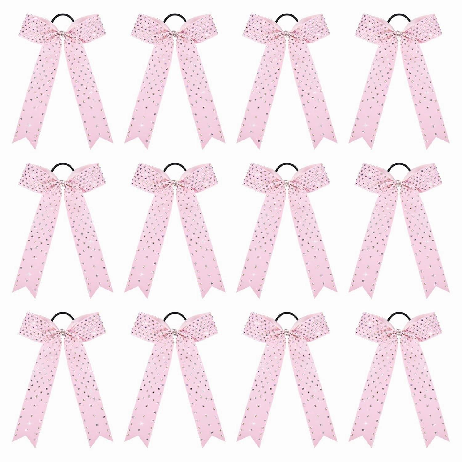 DEEKA 12 PCS Glitter Collegiate Style Cheer Bows Long Tail Skinny Shiny Cheer Bow Ponytail Holder Handmade Bows for Girls Teens Cheerleader Sports -Light Pink