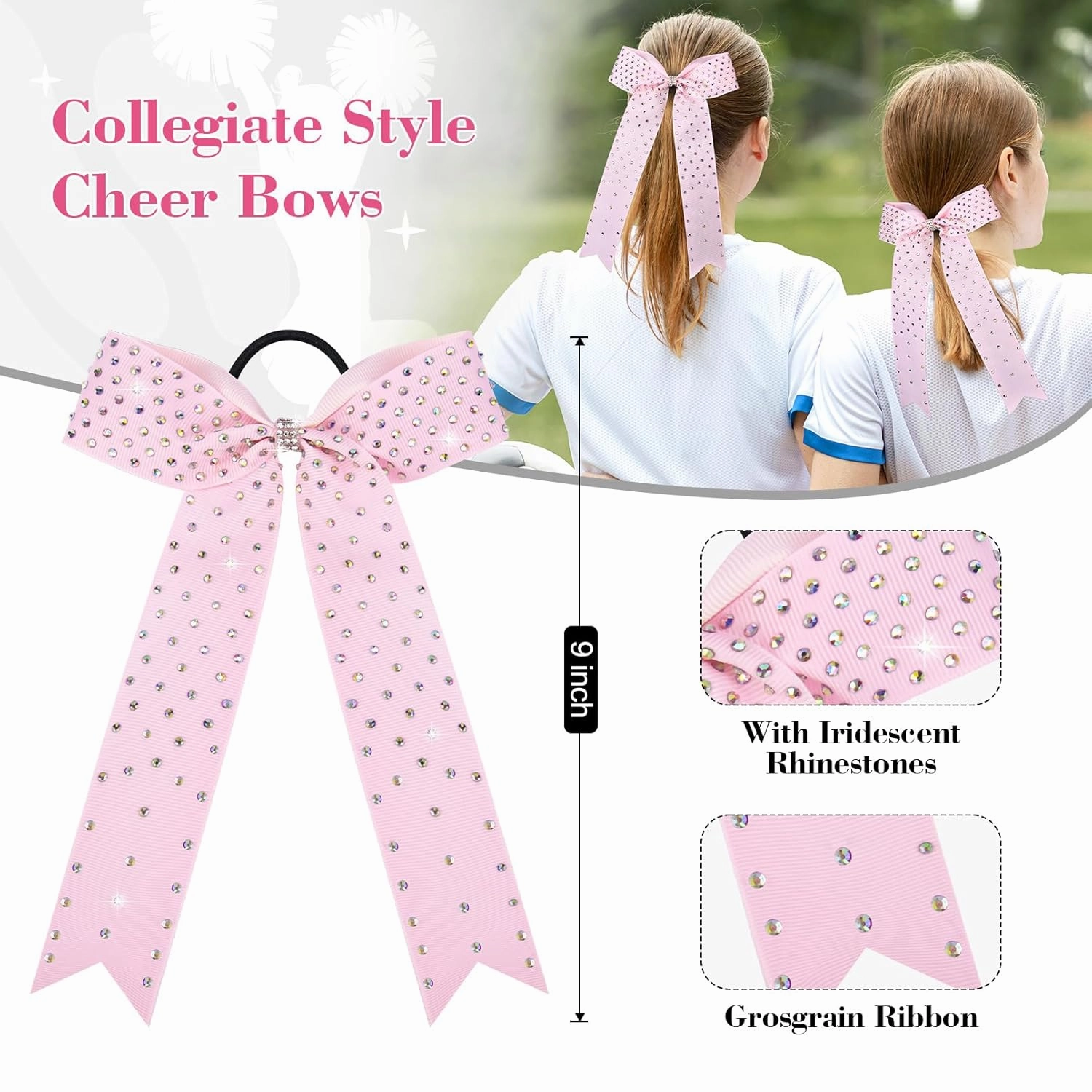 DEEKA 12 PCS Glitter Collegiate Style Cheer Bows Long Tail Skinny Shiny Cheer Bow Ponytail Holder Handmade Bows for Girls Teens Cheerleader Sports -Light Pink