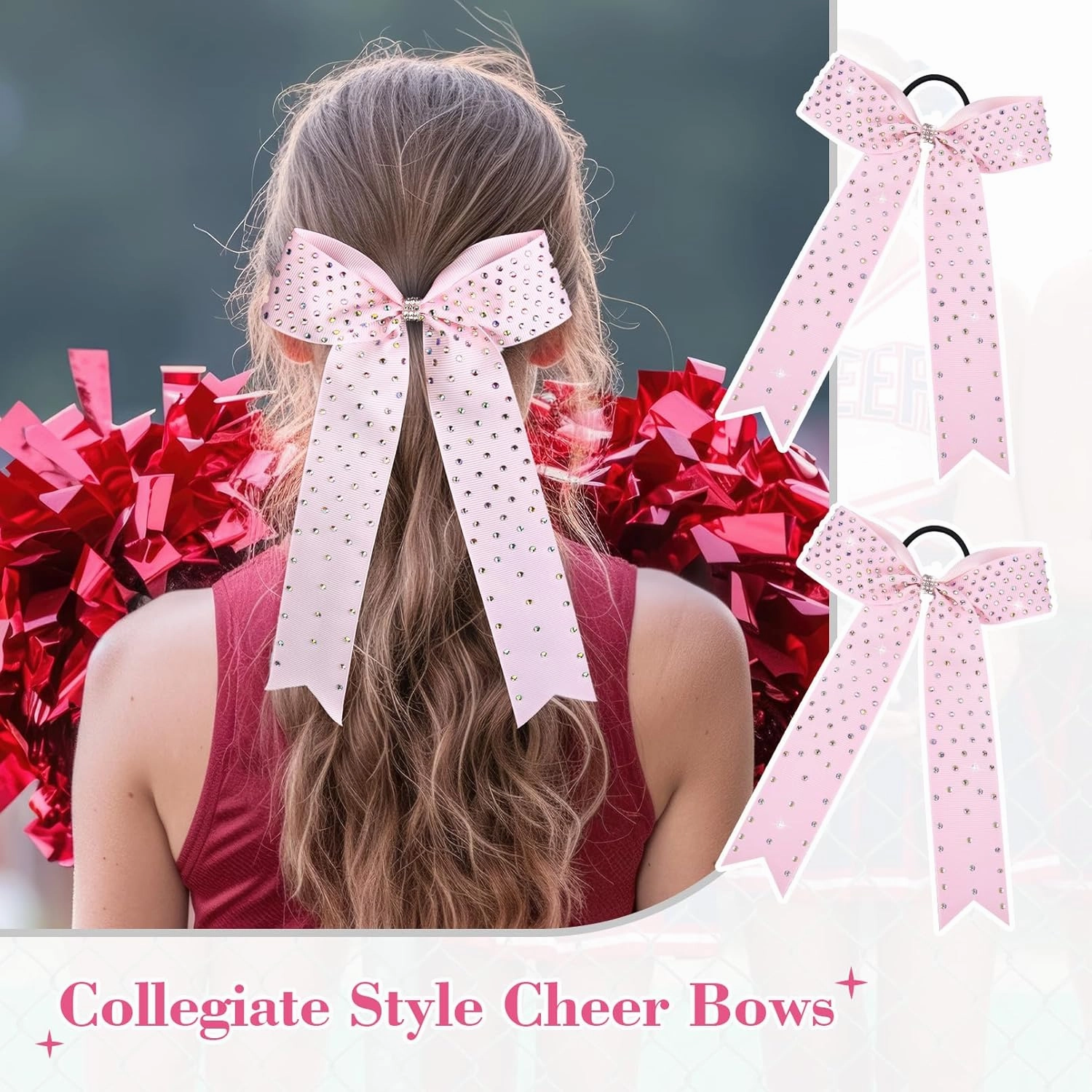 DEEKA 12 PCS Glitter Collegiate Style Cheer Bows Long Tail Skinny Shiny Cheer Bow Ponytail Holder Handmade Bows for Girls Teens Cheerleader Sports -Light Pink