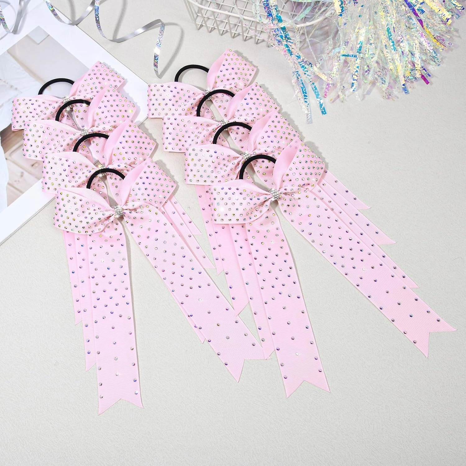 DEEKA 12 PCS Glitter Collegiate Style Cheer Bows Long Tail Skinny Shiny Cheer Bow Ponytail Holder Handmade Bows for Girls Teens Cheerleader Sports -Light Pink