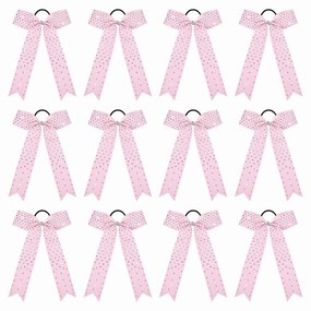DEEKA 12 PCS Glitter Collegiate Style Cheer Bows Long Tail Skinny Shiny Cheer Bow Ponytail Holder Handmade Bows for Girls Teens Cheerleader Sports -Light Pink