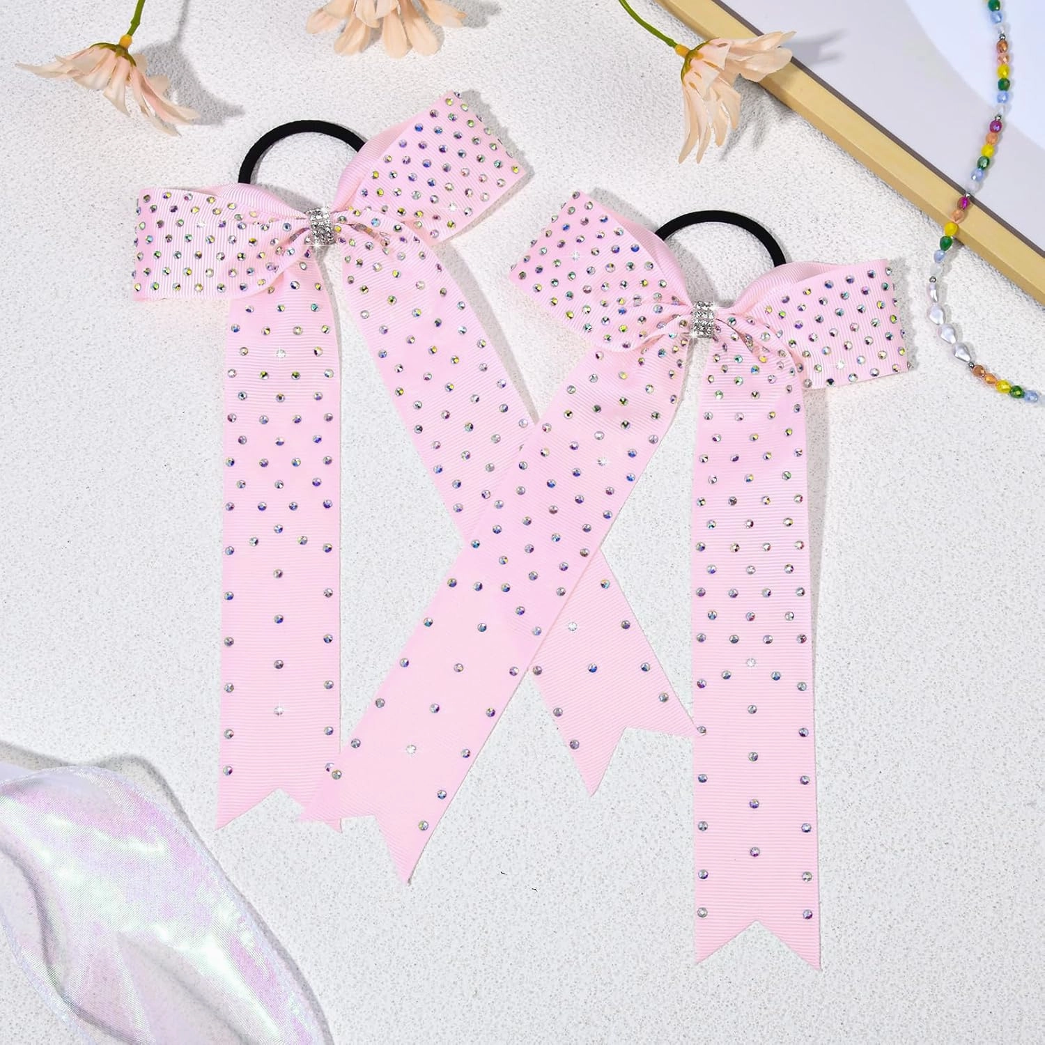 DEEKA 12 PCS Glitter Collegiate Style Cheer Bows Long Tail Skinny Shiny Cheer Bow Ponytail Holder Handmade Bows for Girls Teens Cheerleader Sports -Light Pink