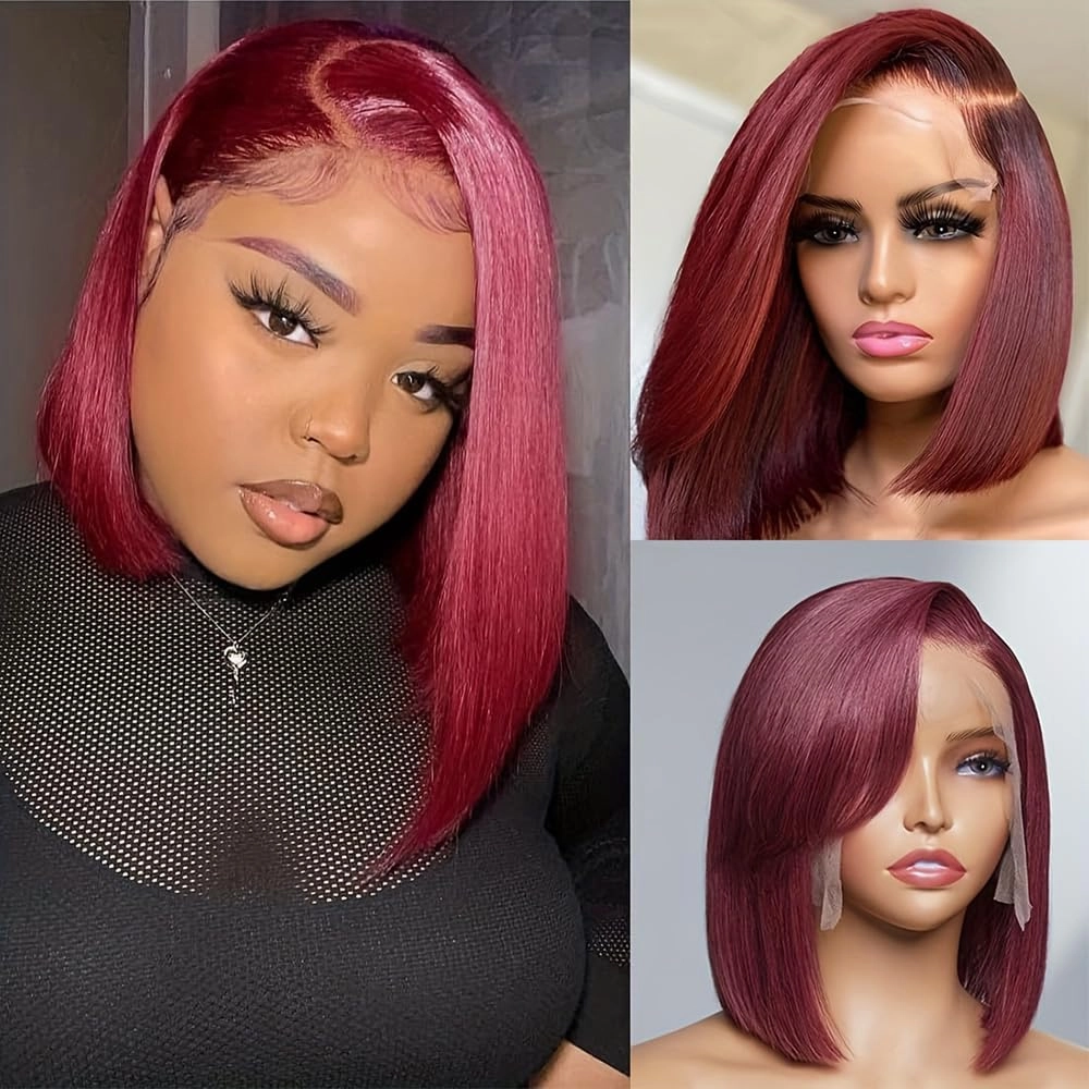 Dewelly 16 Inch 99J Bob Wig Burgundy Lace Front Wigs Human Hair 13x4 HD Lace Frontal Wigs Human Hair Pre Plucked 180% Density Bob Wig Human Hair Glueless Wine Red Wig Straight Short Bob Wigs for Women