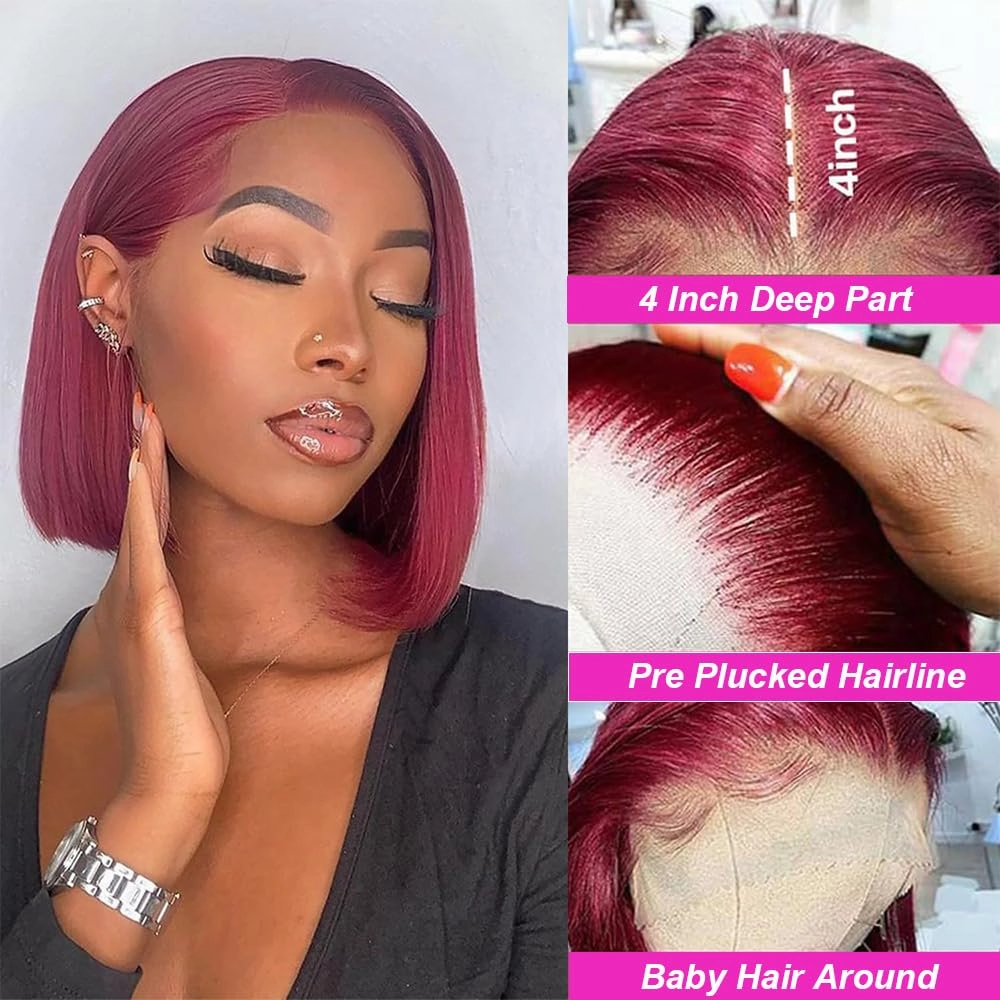 Dewelly 16 Inch 99J Bob Wig Burgundy Lace Front Wigs Human Hair 13x4 HD Lace Frontal Wigs Human Hair Pre Plucked 180% Density Bob Wig Human Hair Glueless Wine Red Wig Straight Short Bob Wigs for Women