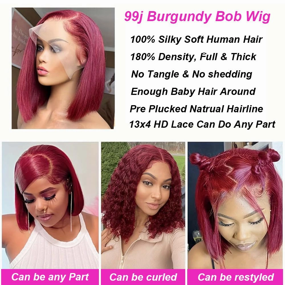 Dewelly 16 Inch 99J Bob Wig Burgundy Lace Front Wigs Human Hair 13x4 HD Lace Frontal Wigs Human Hair Pre Plucked 180% Density Bob Wig Human Hair Glueless Wine Red Wig Straight Short Bob Wigs for Women