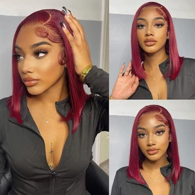 Dewelly 16 Inch 99J Bob Wig Burgundy Lace Front Wigs Human Hair 13x4 HD Lace Frontal Wigs Human Hair Pre Plucked 180% Density Bob Wig Human Hair Glueless Wine Red Wig Straight Short Bob Wigs for Women