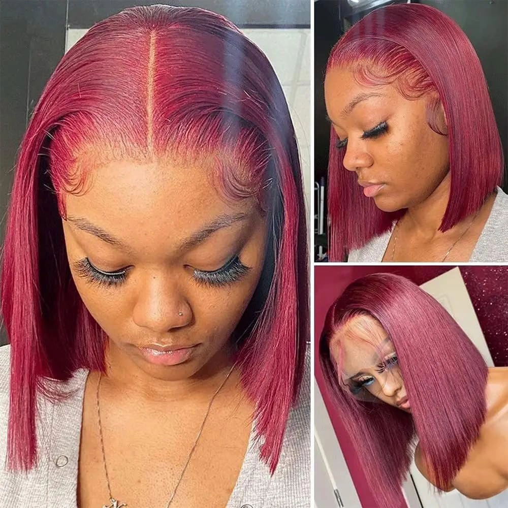 Dewelly 16 Inch 99J Bob Wig Burgundy Lace Front Wigs Human Hair 13x4 HD Lace Frontal Wigs Human Hair Pre Plucked 180% Density Bob Wig Human Hair Glueless Wine Red Wig Straight Short Bob Wigs for Women