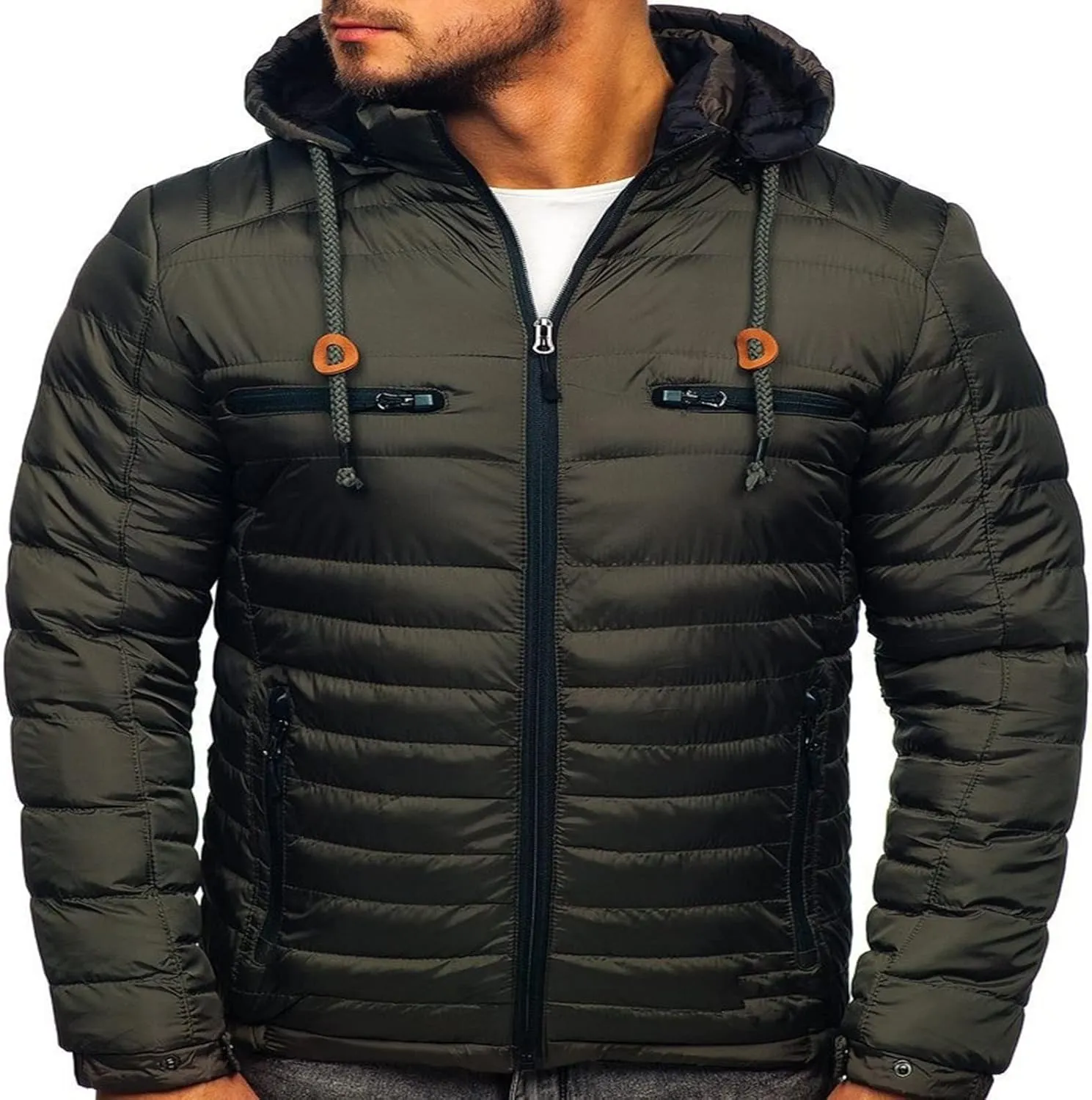 Dgoopd Men's Packable Puffer Jacket Detachable Hood Lightweight Winter Jacket Down Bubble Coat Winter Quilted Padded Jacket