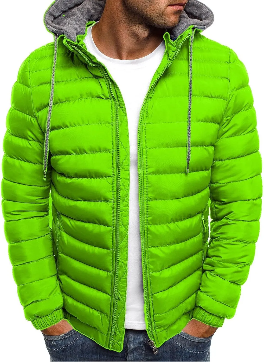 Dgoopd Men's Packable Puffer Jacket Detachable Hood Lightweight Winter Jacket Down Bubble Coat Winter Quilted Padded Jacket