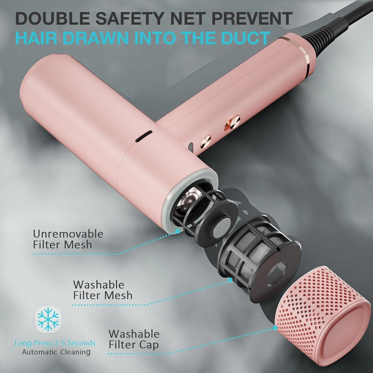 Diffuser Hair Dryers for Women, Professional High Speed Portable Ionic Hair Blow Dryer with Diffuser, 3 Temps/2 Speeds, 6.56 Ft Cord, Best for Straight & Wavy Hair, for Home Travel, Pink