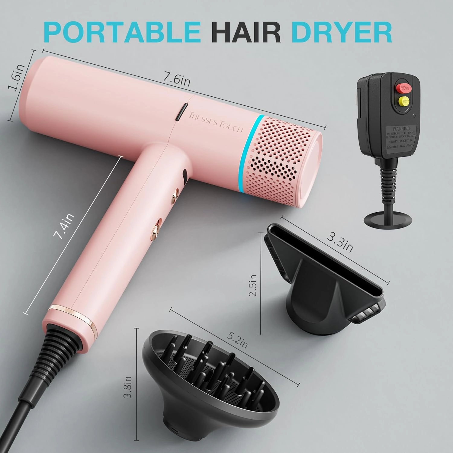 Diffuser Hair Dryers for Women, Professional High Speed Portable Ionic Hair Blow Dryer with Diffuser, 3 Temps/2 Speeds, 6.56 Ft Cord, Best for Straight & Wavy Hair, for Home Travel, Pink