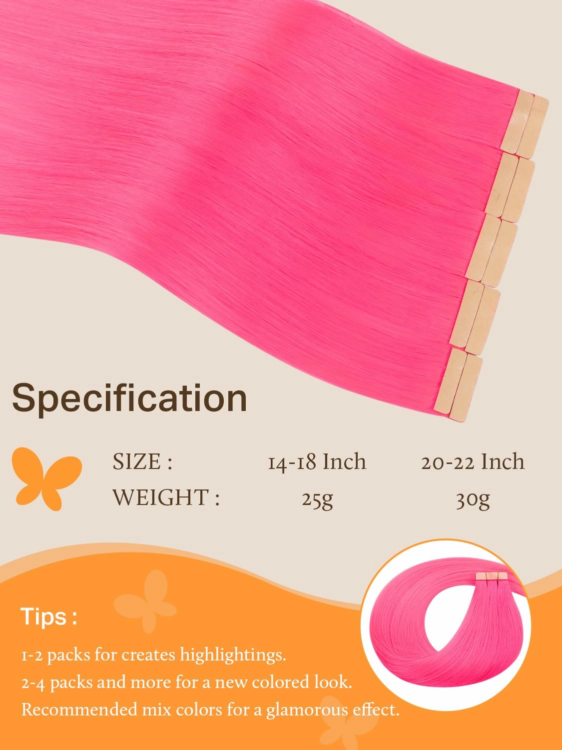 DOORES Real Human Hair, Hot Pink 20 Inch 30g 10pcs, Tape in Remy Hair Extensions Straight Natural Hair for Women Skin Weft