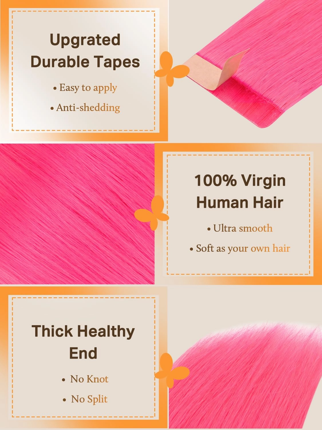 DOORES Real Human Hair, Hot Pink 20 Inch 30g 10pcs, Tape in Remy Hair Extensions Straight Natural Hair for Women Skin Weft