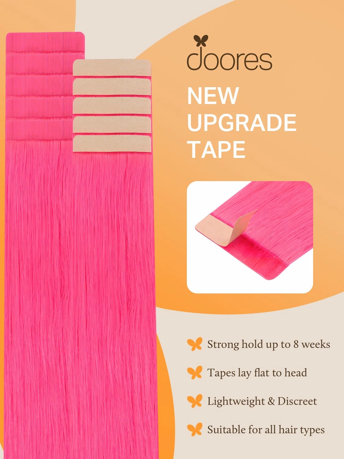 DOORES Real Human Hair, Hot Pink 20 Inch 30g 10pcs, Tape in Remy Hair Extensions Straight Natural Hair for Women Skin Weft