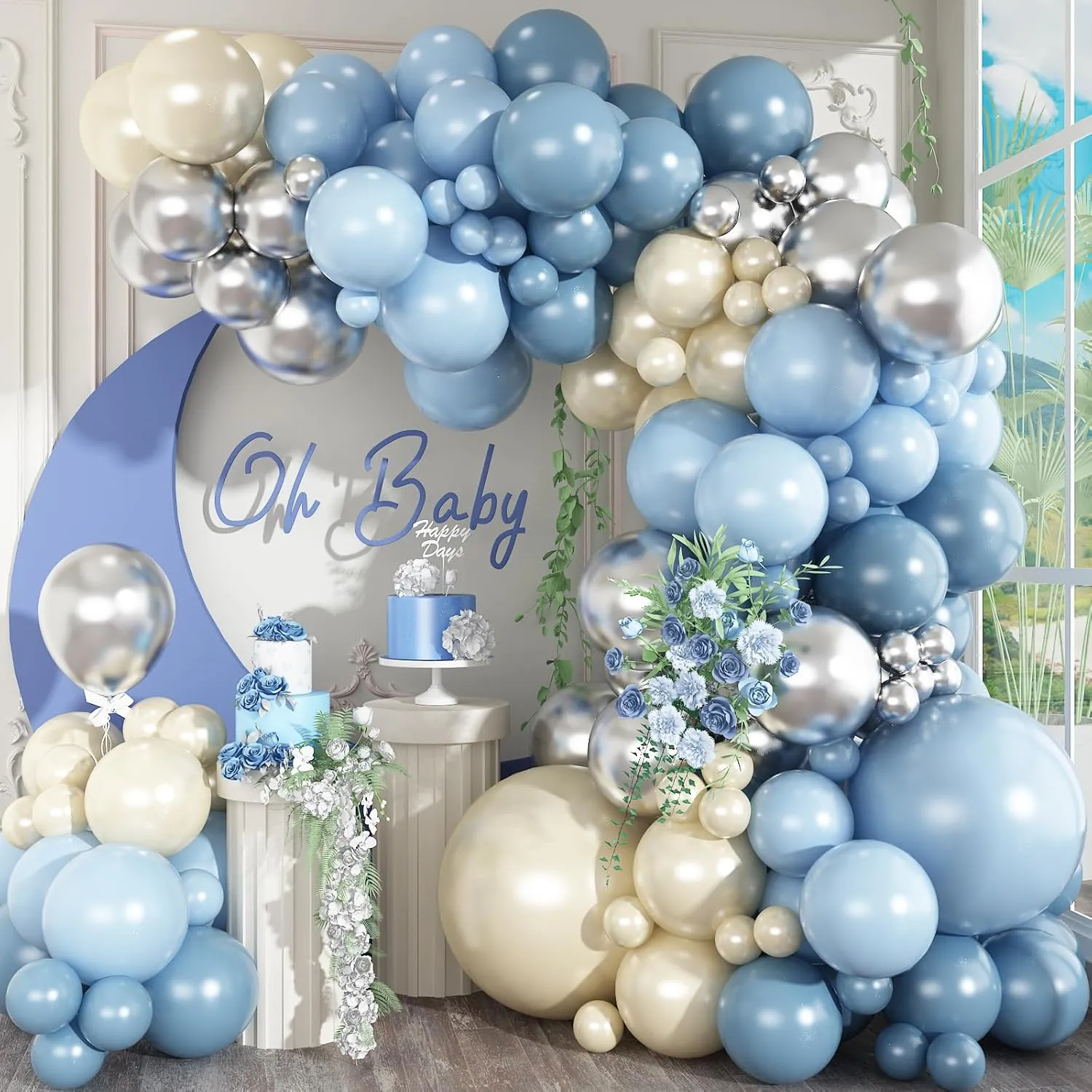 Dusty Blue Balloon Arch Kit - 125 Pcs: Light Blue Pearl, Sand, White Balloons, Metallic Silver for Bridal, Baby Shower, Anniversary, Wedding Party Decor