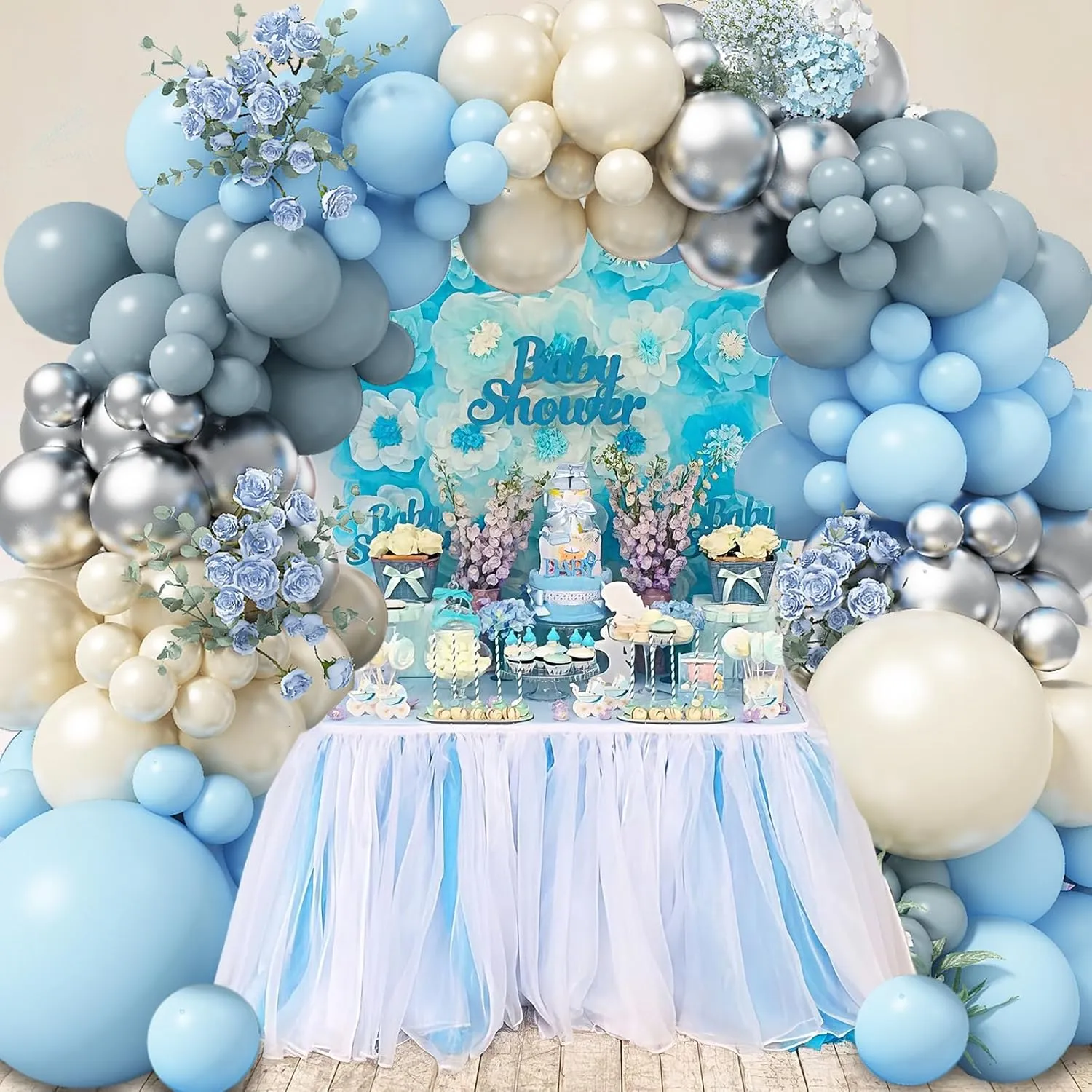 Dusty Blue Balloon Arch Kit - 125 Pcs: Light Blue Pearl, Sand, White Balloons, Metallic Silver for Bridal, Baby Shower, Anniversary, Wedding Party Decor