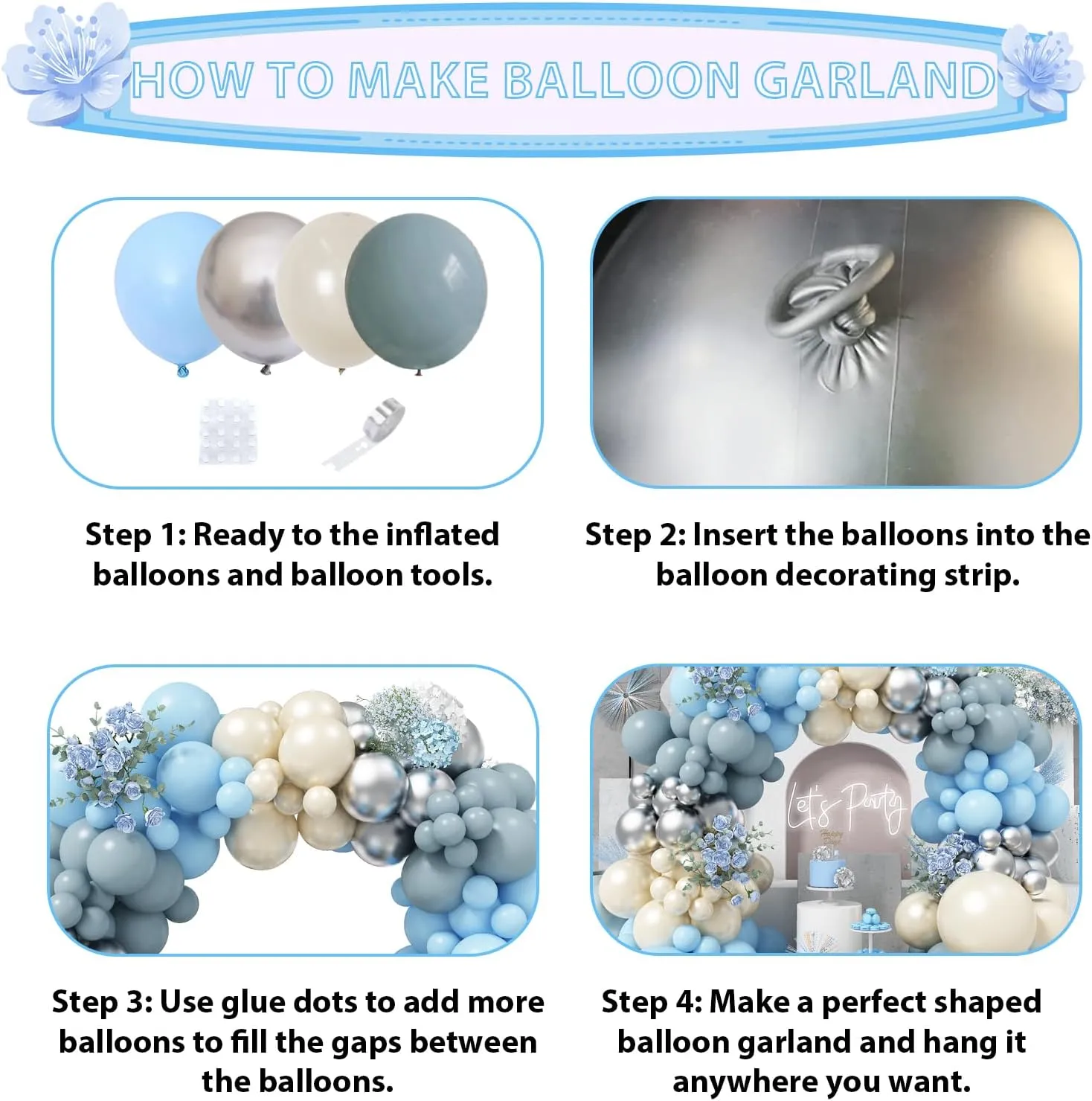 Dusty Blue Balloon Arch Kit - 125 Pcs: Light Blue Pearl, Sand, White Balloons, Metallic Silver for Bridal, Baby Shower, Anniversary, Wedding Party Decor