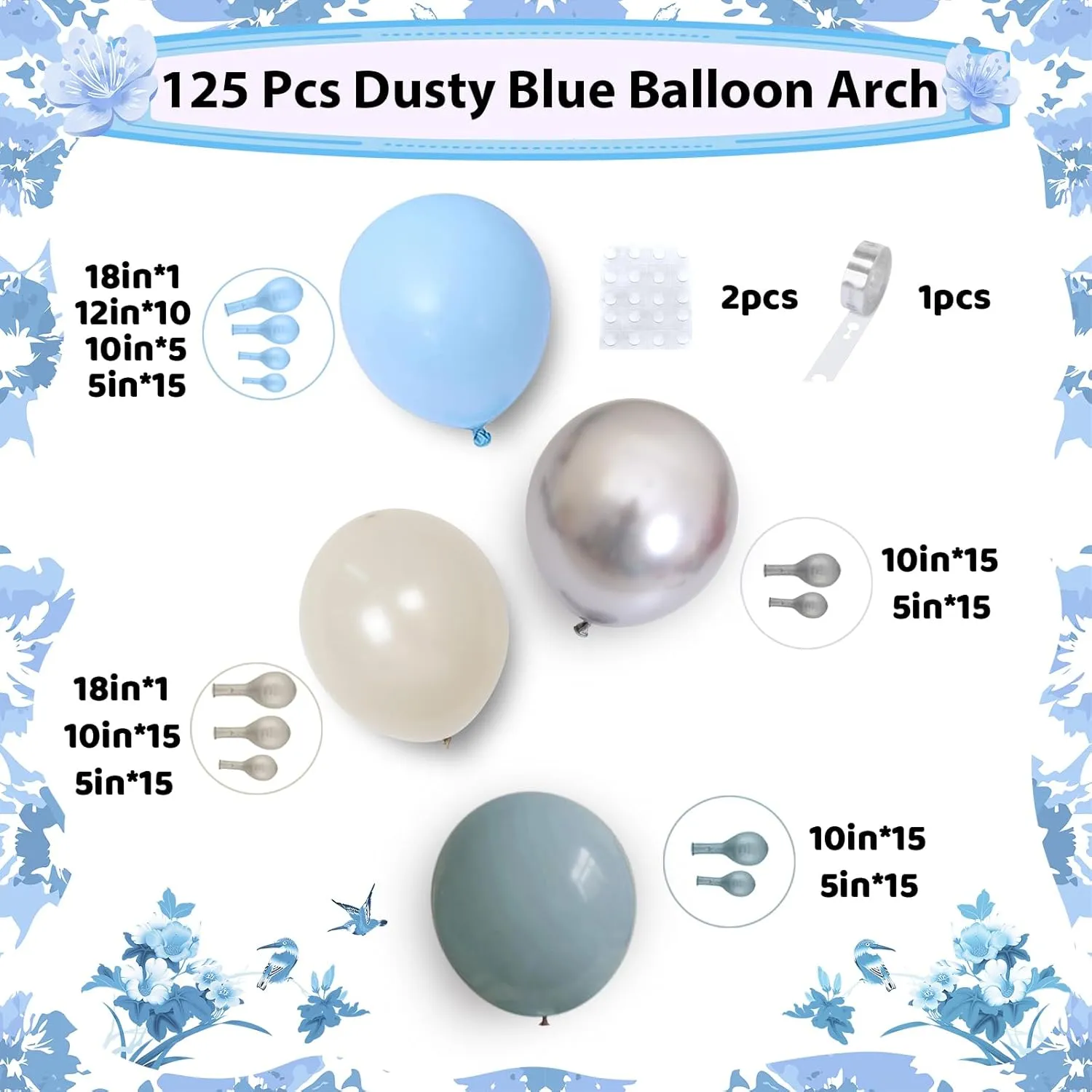 Dusty Blue Balloon Arch Kit - 125 Pcs: Light Blue Pearl, Sand, White Balloons, Metallic Silver for Bridal, Baby Shower, Anniversary, Wedding Party Decor
