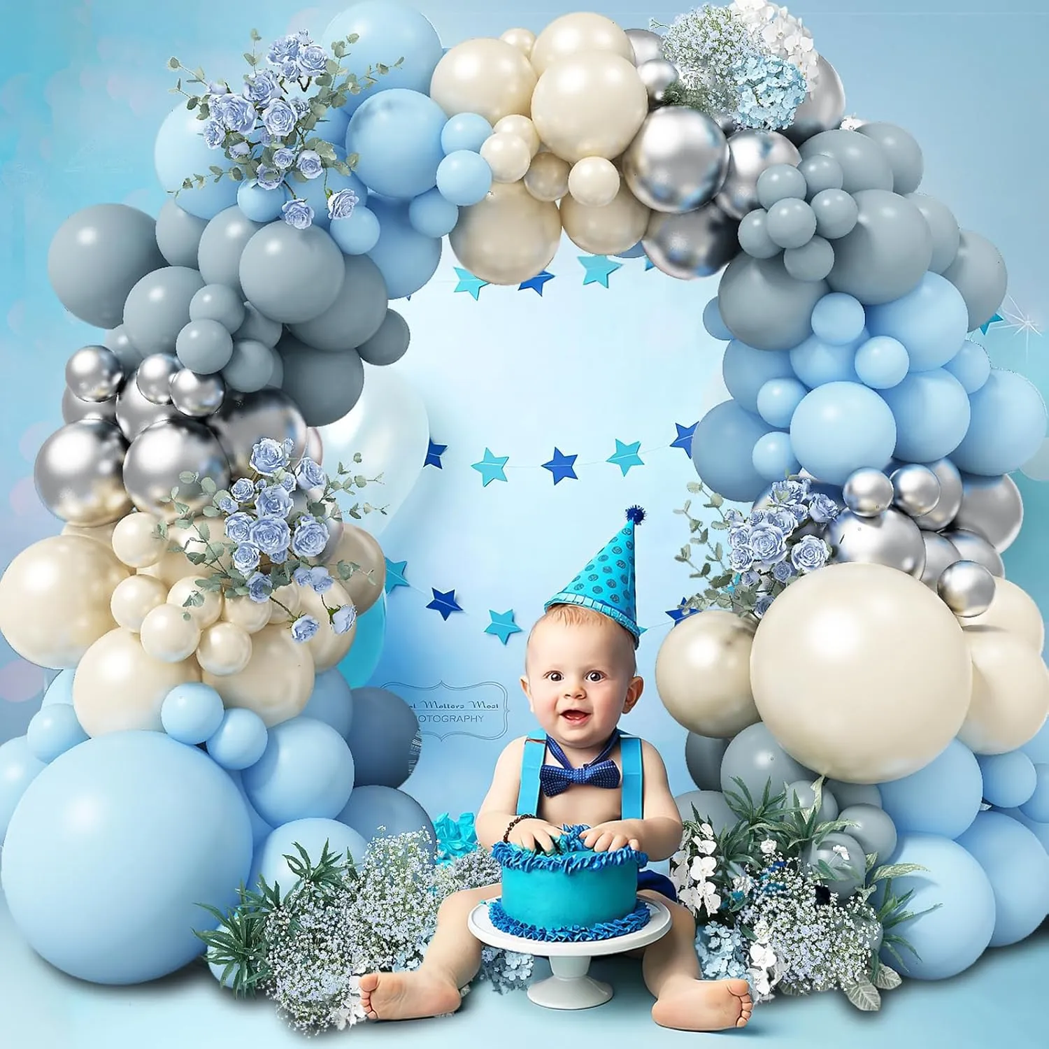 Dusty Blue Balloon Arch Kit - 125 Pcs: Light Blue Pearl, Sand, White Balloons, Metallic Silver for Bridal, Baby Shower, Anniversary, Wedding Party Decor