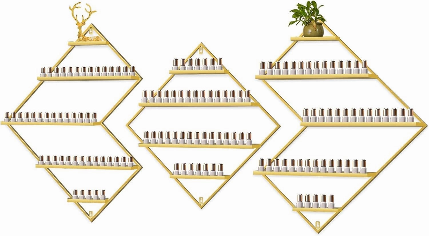 EBANKU Metal Wall Mounted Nail Polish Storage Racks, Gold Display Rack Cosmetic Display Case Lipstick Wall Shelf Essential Oil Organizer for Nail Polish Bottles Spa Nail Salon (Irregular Rhomboid)