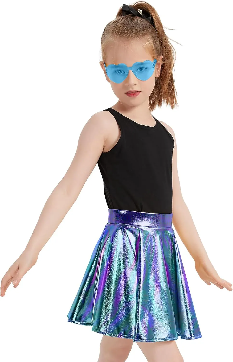 eccbox Girls Metallic Skirt Sparkle Shiny Dance Disco Flared Pleated A-Line Mini Skater Skirts with Sunglasses