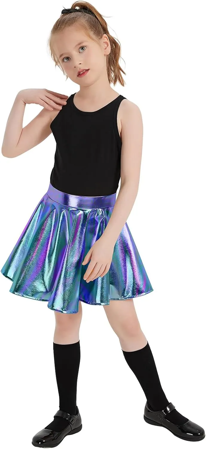 eccbox Girls Metallic Skirt Sparkle Shiny Dance Disco Flared Pleated A-Line Mini Skater Skirts with Sunglasses