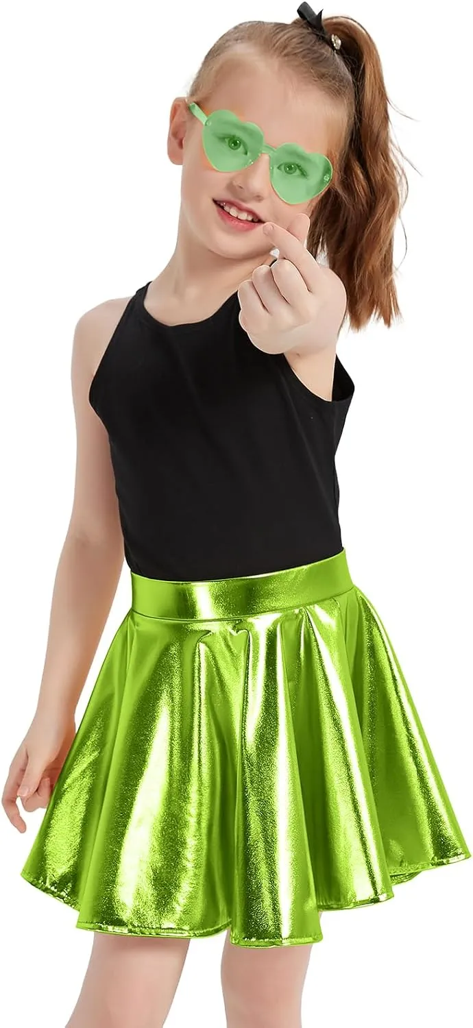 eccbox Girls Metallic Skirt Sparkle Shiny Dance Disco Flared Pleated A-Line Mini Skater Skirts with Sunglasses