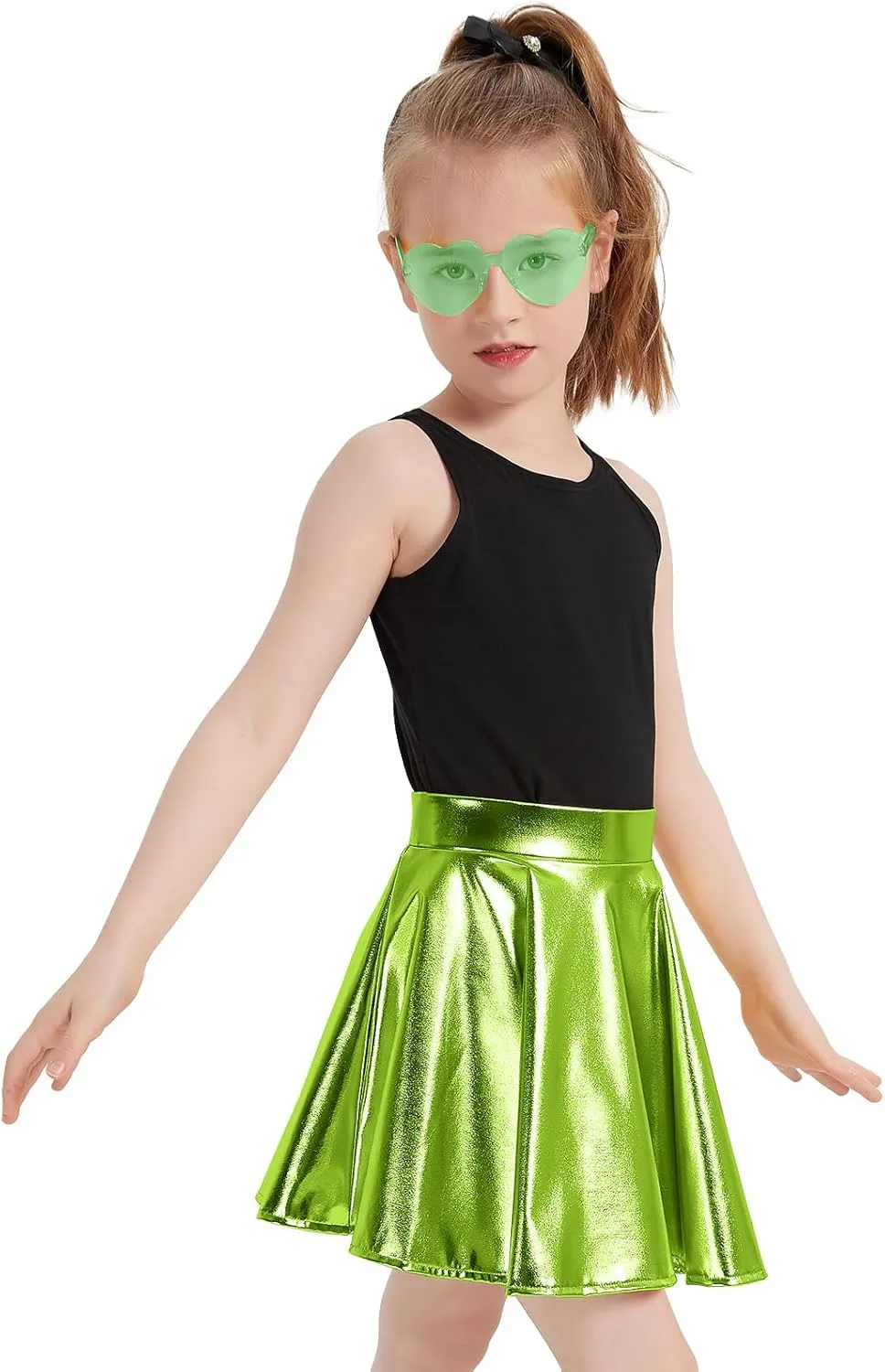 eccbox Girls Metallic Skirt Sparkle Shiny Dance Disco Flared Pleated A-Line Mini Skater Skirts with Sunglasses