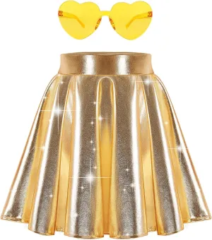 eccbox Girls Metallic Skirt Sparkle Shiny Dance Disco Flared Pleated A-Line Mini Skater Skirts with Sunglasses