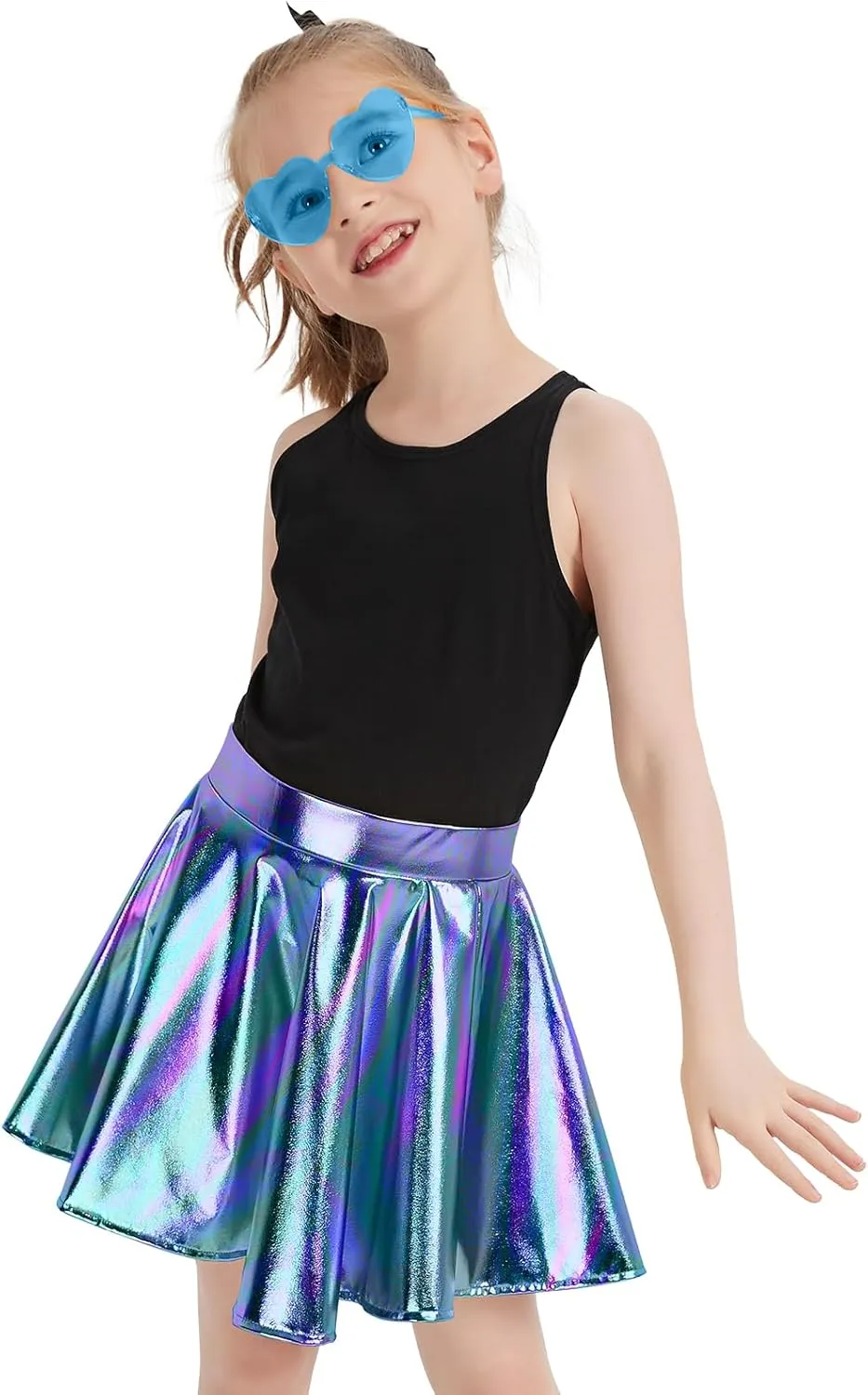 eccbox Girls Metallic Skirt Sparkle Shiny Dance Disco Flared Pleated A-Line Mini Skater Skirts with Sunglasses
