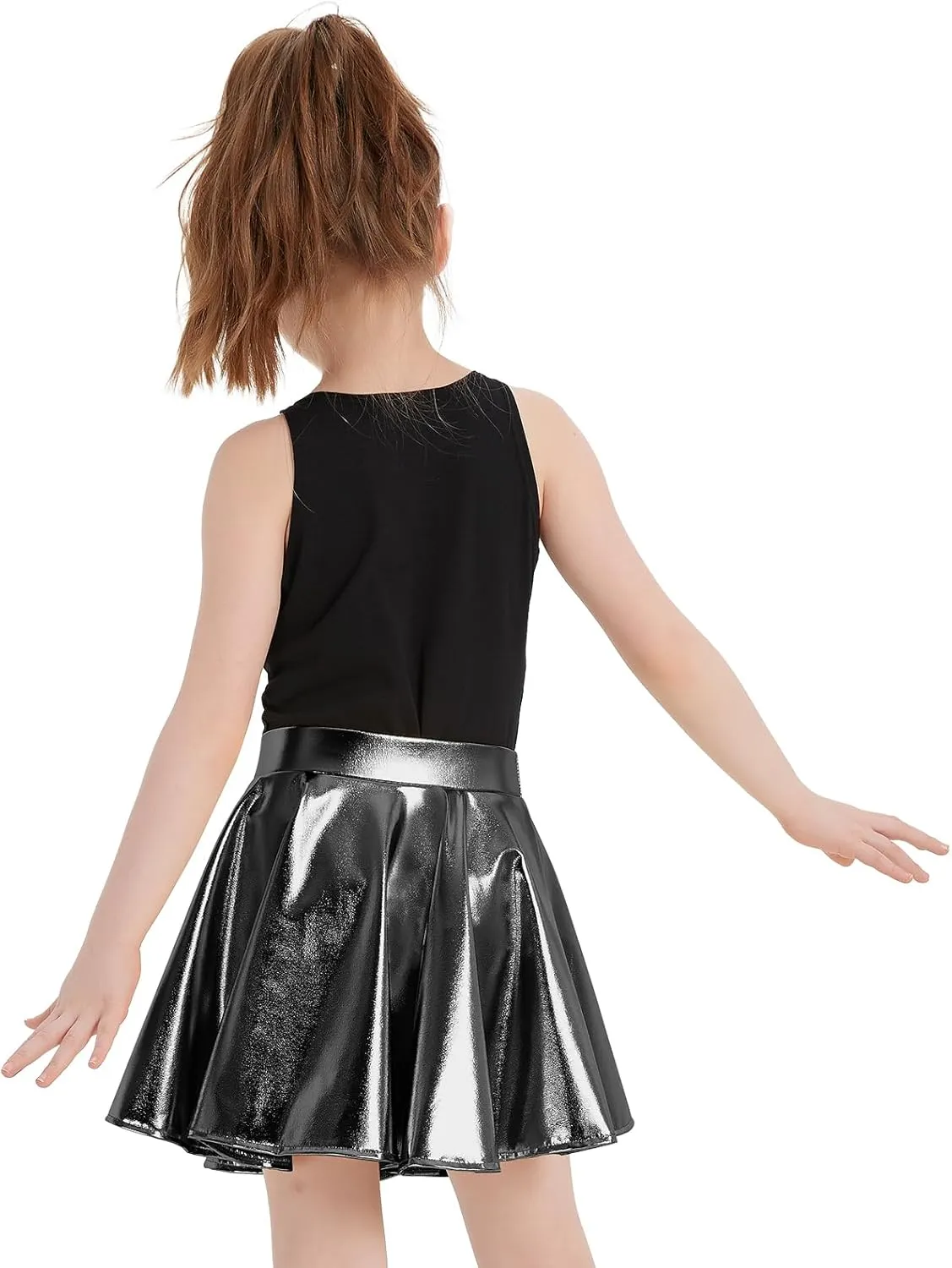 eccbox Girls Metallic Skirt Sparkle Shiny Dance Disco Flared Pleated A-Line Mini Skater Skirts with Sunglasses