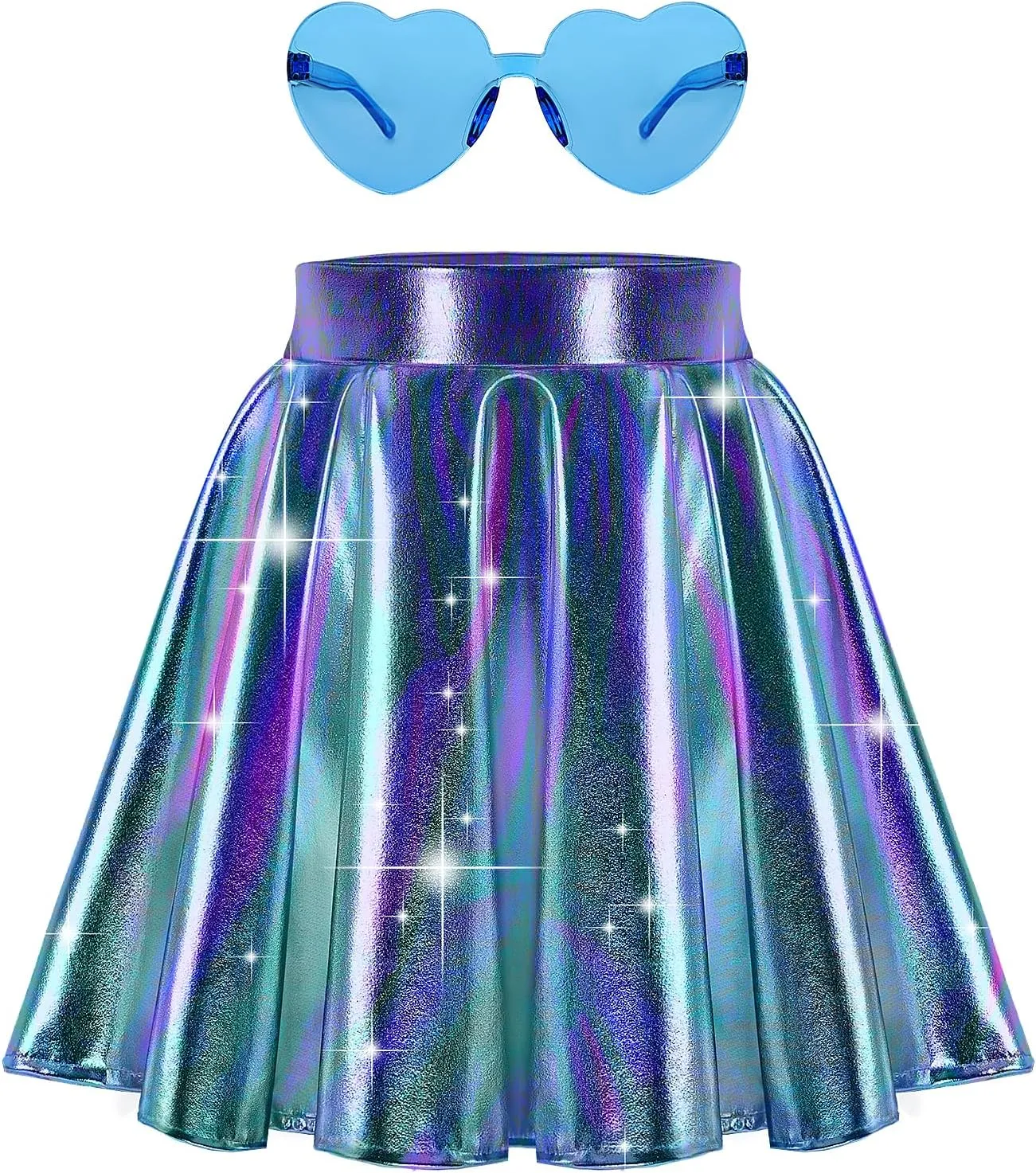 eccbox Girls Metallic Skirt Sparkle Shiny Dance Disco Flared Pleated A-Line Mini Skater Skirts with Sunglasses
