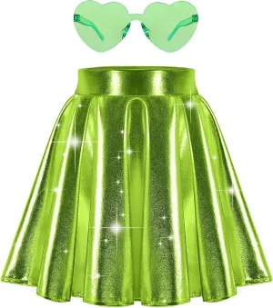 eccbox Girls Metallic Skirt Sparkle Shiny Dance Disco Flared Pleated A-Line Mini Skater Skirts with Sunglasses