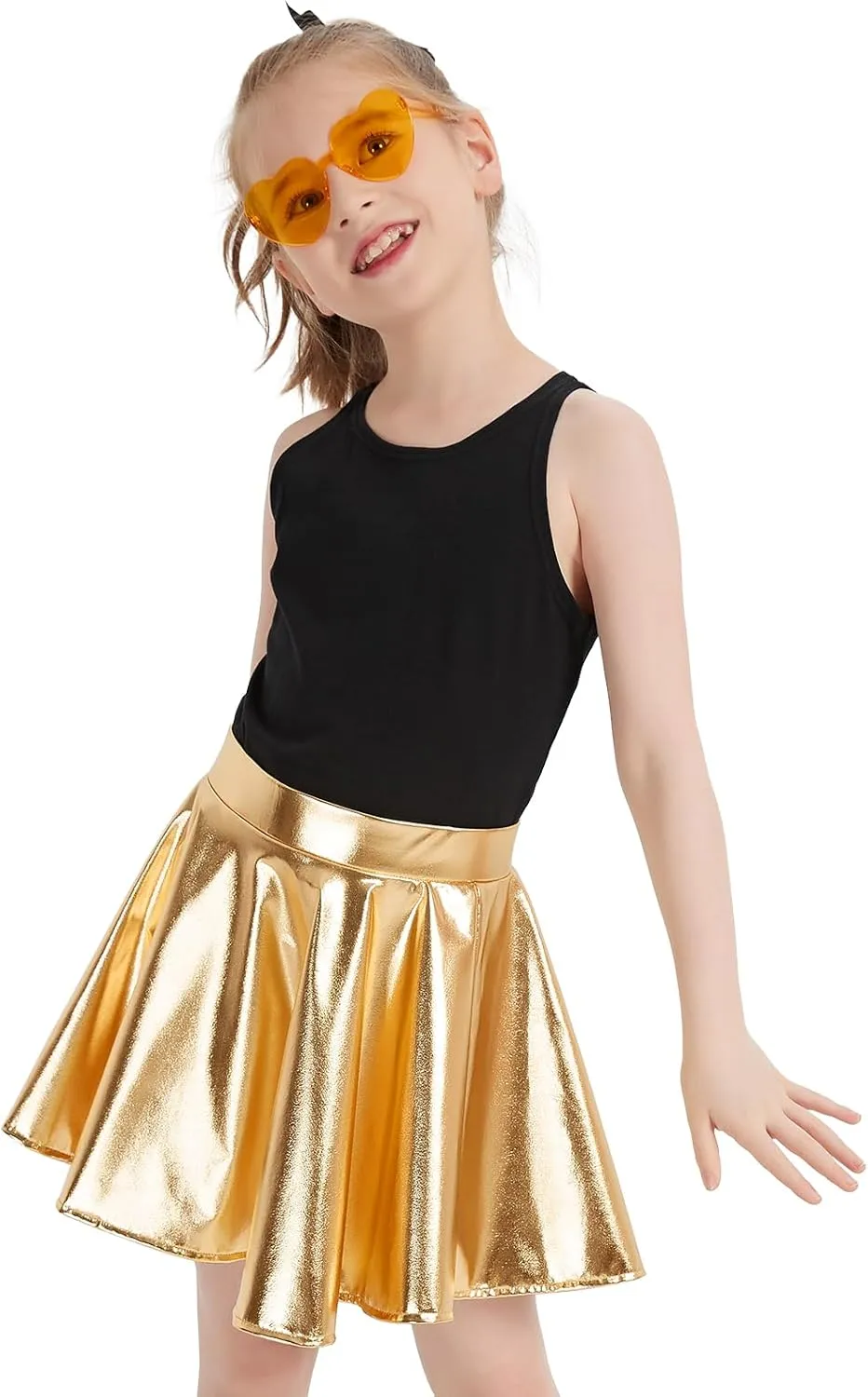 eccbox Girls Metallic Skirt Sparkle Shiny Dance Disco Flared Pleated A-Line Mini Skater Skirts with Sunglasses