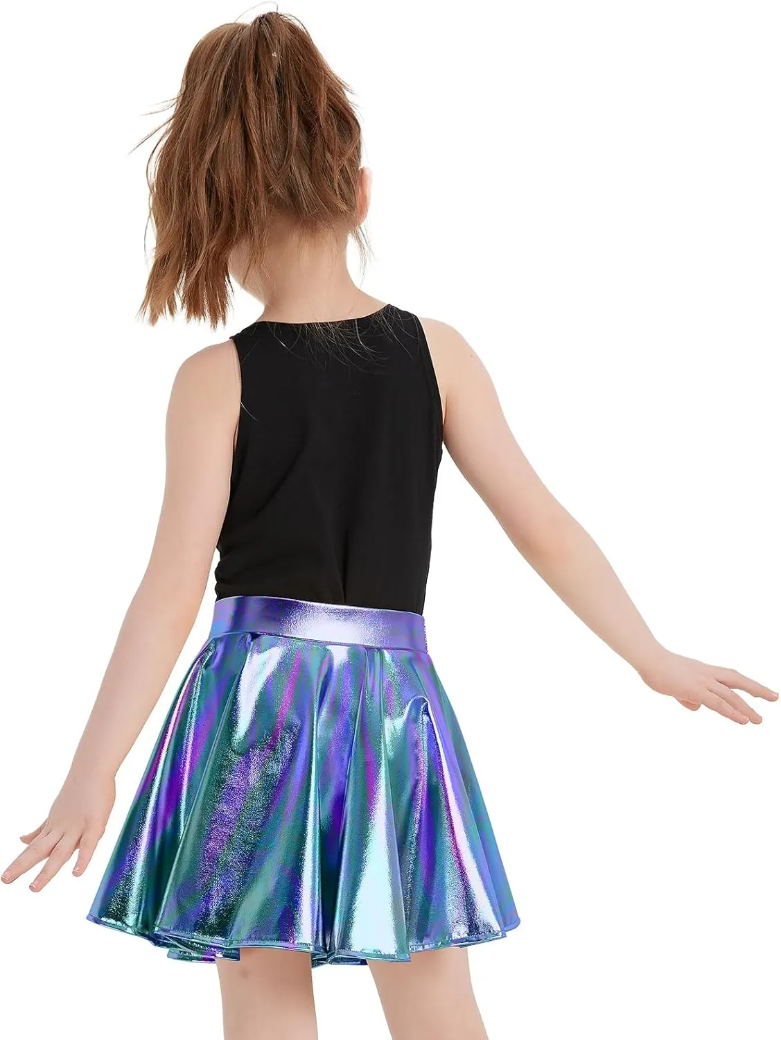 eccbox Girls Metallic Skirt Sparkle Shiny Dance Disco Flared Pleated A-Line Mini Skater Skirts with Sunglasses