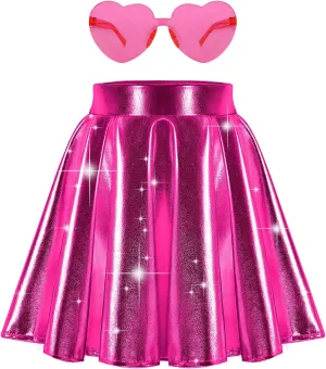 eccbox Girls Metallic Skirt Sparkle Shiny Dance Disco Flared Pleated A-Line Mini Skater Skirts with Sunglasses