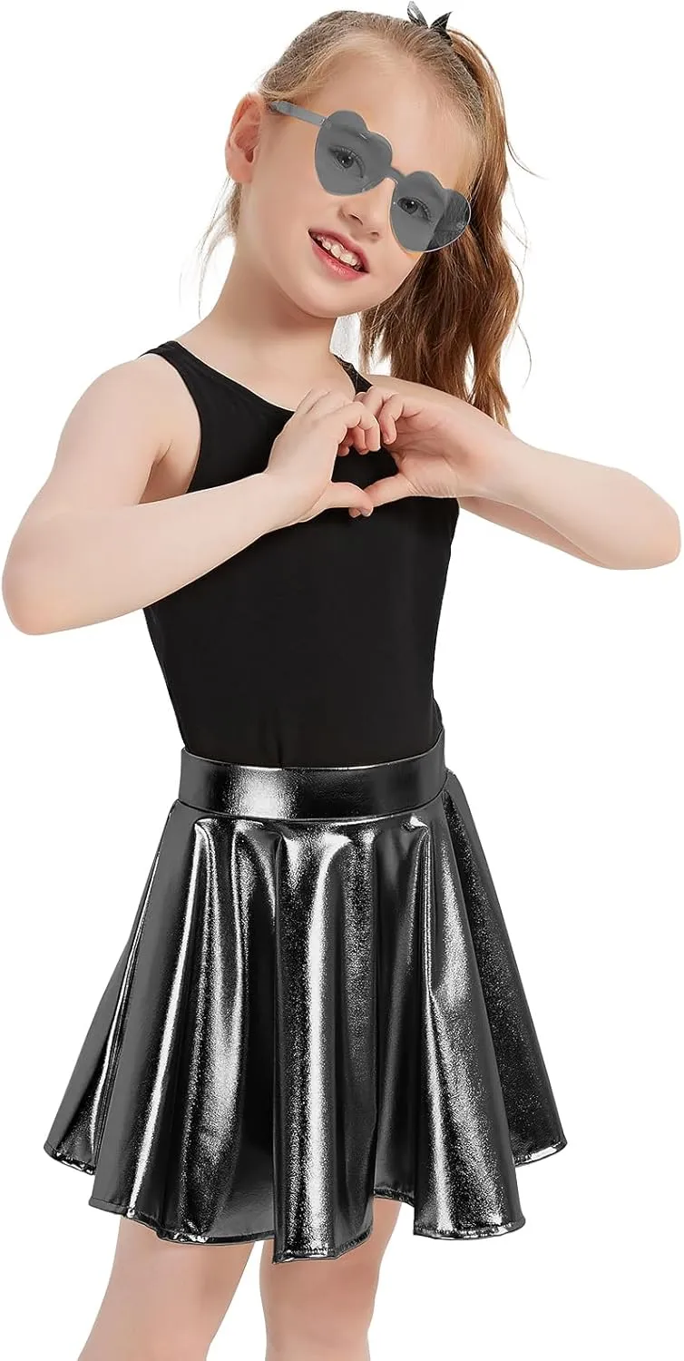 eccbox Girls Metallic Skirt Sparkle Shiny Dance Disco Flared Pleated A-Line Mini Skater Skirts with Sunglasses