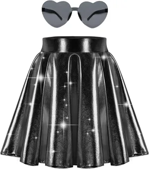 eccbox Girls Metallic Skirt Sparkle Shiny Dance Disco Flared Pleated A-Line Mini Skater Skirts with Sunglasses