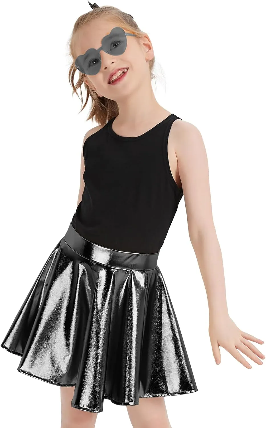 eccbox Girls Metallic Skirt Sparkle Shiny Dance Disco Flared Pleated A-Line Mini Skater Skirts with Sunglasses