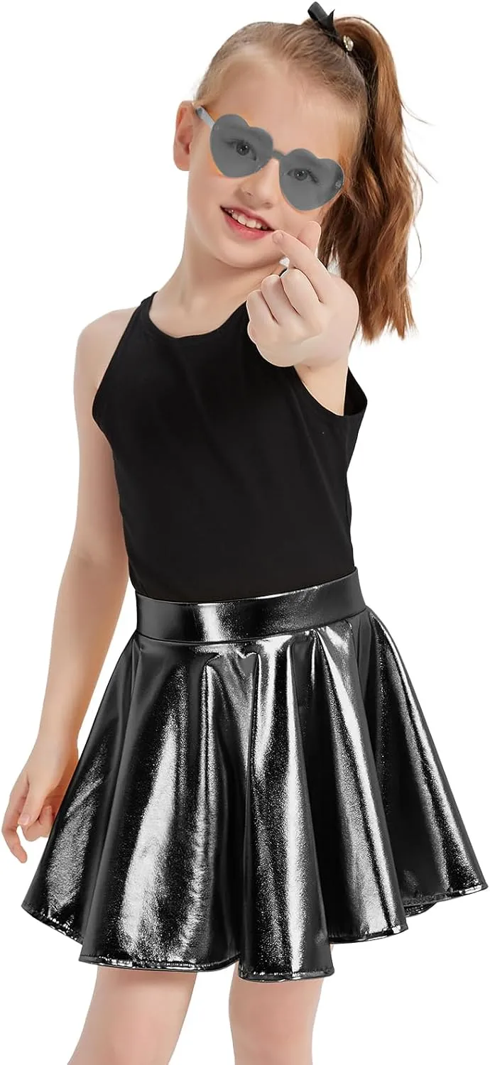 eccbox Girls Metallic Skirt Sparkle Shiny Dance Disco Flared Pleated A-Line Mini Skater Skirts with Sunglasses