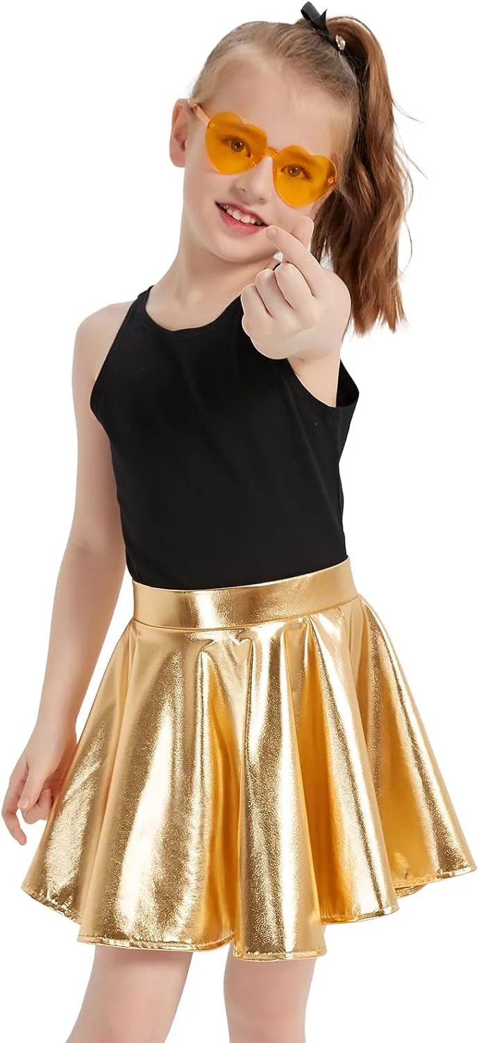 eccbox Girls Metallic Skirt Sparkle Shiny Dance Disco Flared Pleated A-Line Mini Skater Skirts with Sunglasses