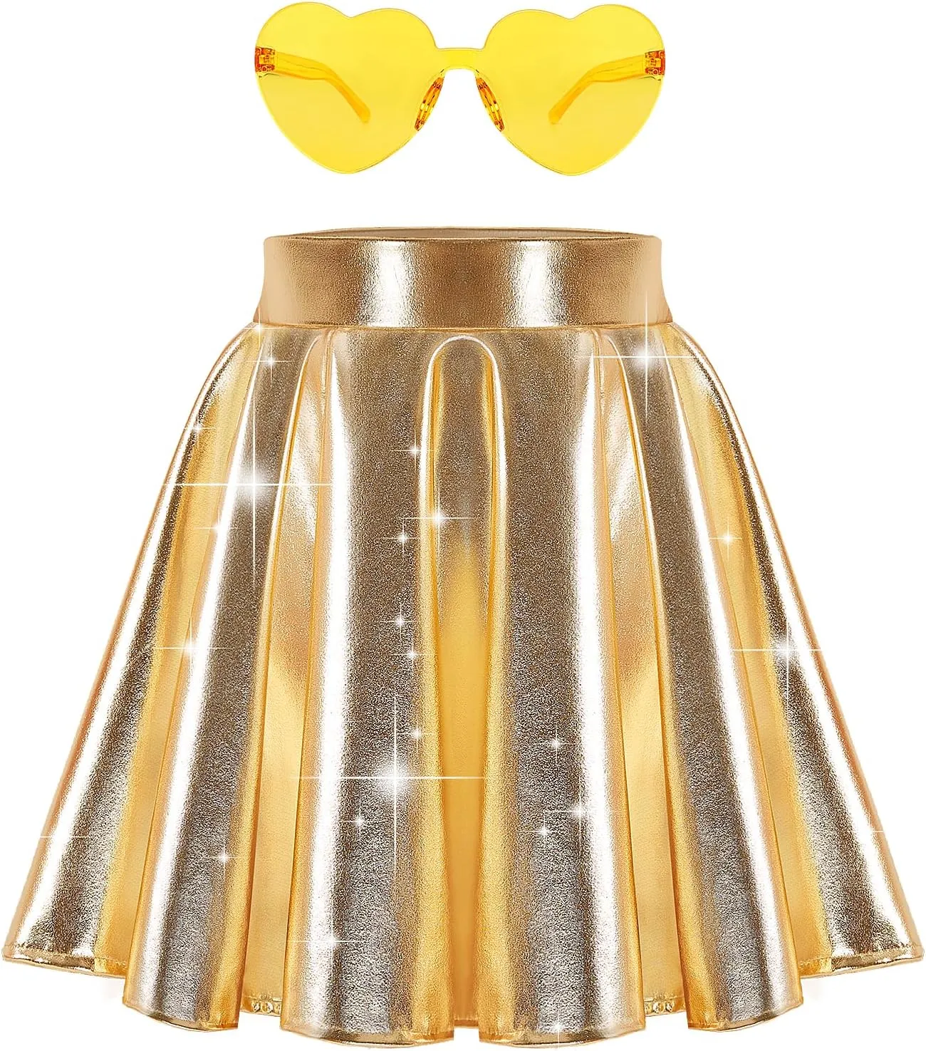 eccbox Girls Metallic Skirt Sparkle Shiny Dance Disco Flared Pleated A-Line Mini Skater Skirts with Sunglasses