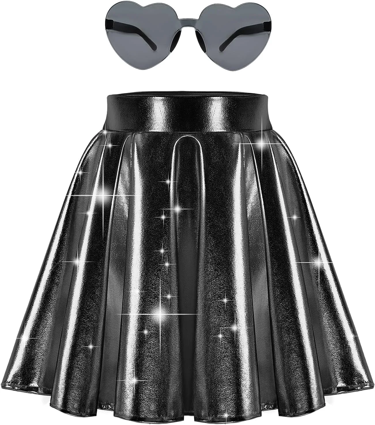 eccbox Girls Metallic Skirt Sparkle Shiny Dance Disco Flared Pleated A-Line Mini Skater Skirts with Sunglasses