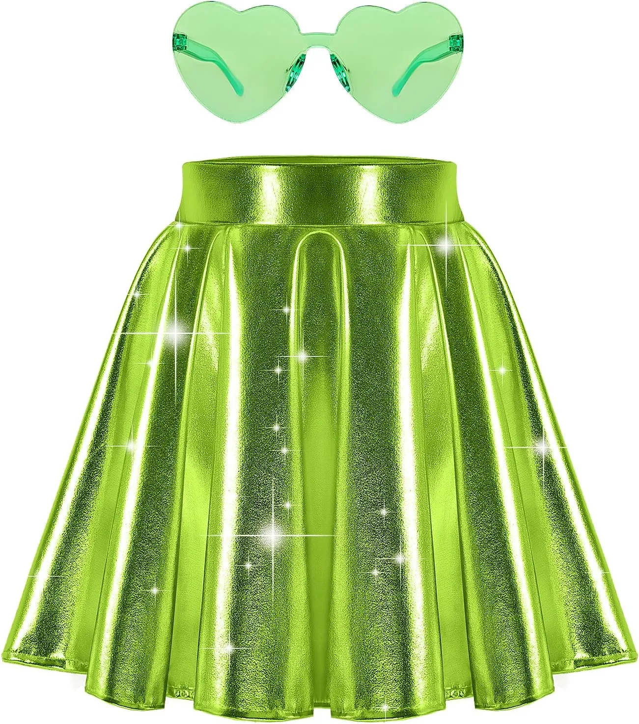 eccbox Girls Metallic Skirt Sparkle Shiny Dance Disco Flared Pleated A-Line Mini Skater Skirts with Sunglasses