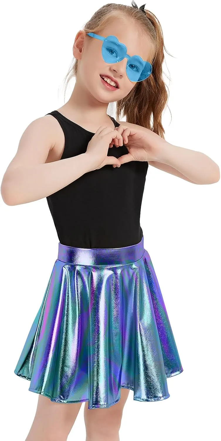 eccbox Girls Metallic Skirt Sparkle Shiny Dance Disco Flared Pleated A-Line Mini Skater Skirts with Sunglasses